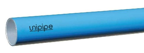 Blue pipe with 'Unipipe' branding on a white background