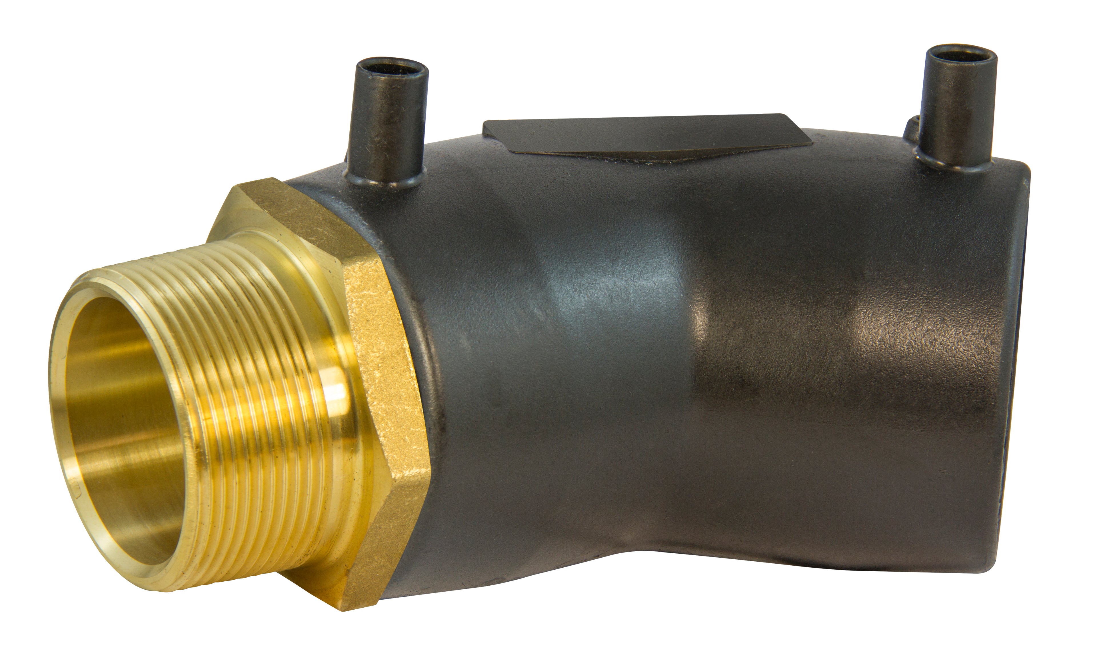 Black metal fitting with a brass threaded end on a white background