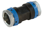 Mechanical fitting with blue and silver components on a white background