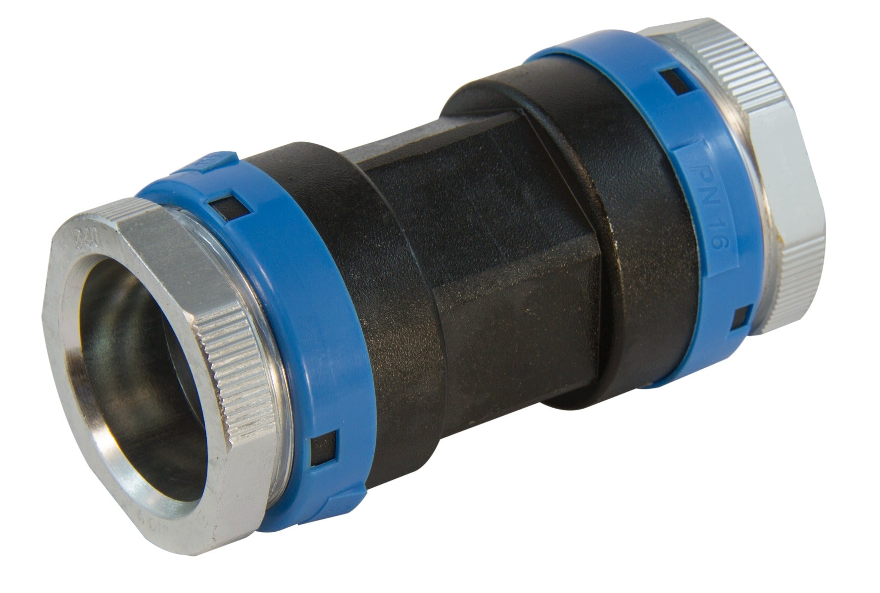 Mechanical fitting with blue and silver components on a white background
