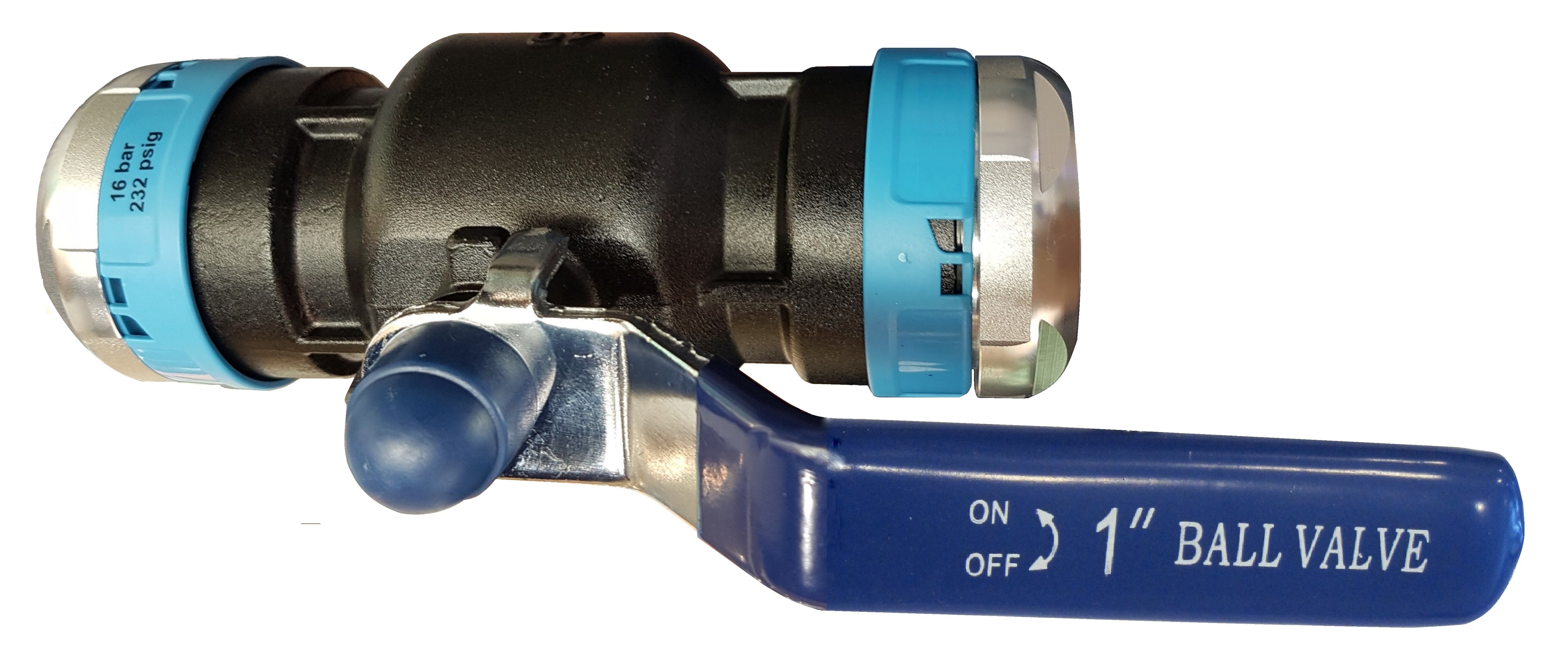 Ball valve with blue handle and markings on a white background
