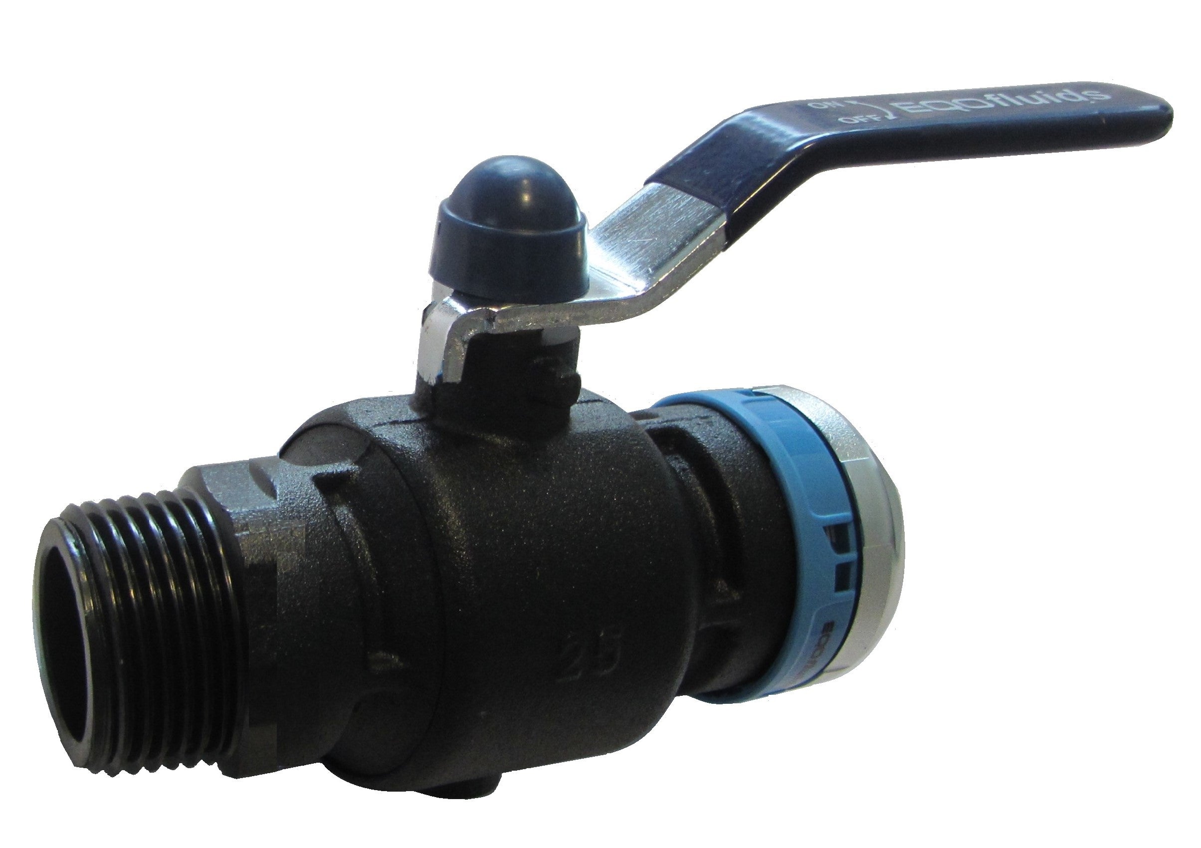 Ball valve with black body and blue gasket on a white background