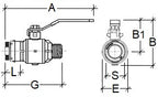 Technical drawing of a valve with labeled dimensions