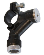 Metal Y-shaped bracket with black and silver finish on a white background