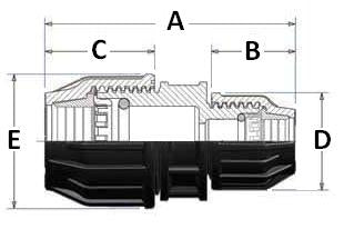 Technical drawing of a black plastic component with labeled dimensions