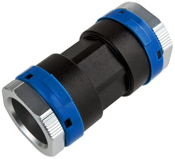 Black and blue mechanical component on a white background