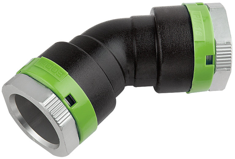 Black and green elbow pipe fitting on a white background