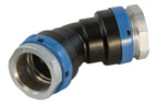 Pneumatic fitting with blue and black design on a white background