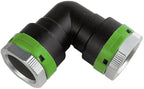 Black and green plumbing fitting on a white background