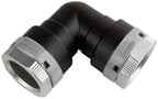 Black and silver elbow pipe fitting on a white background