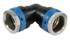 Black and silver elbow fitting with blue bands on a white background