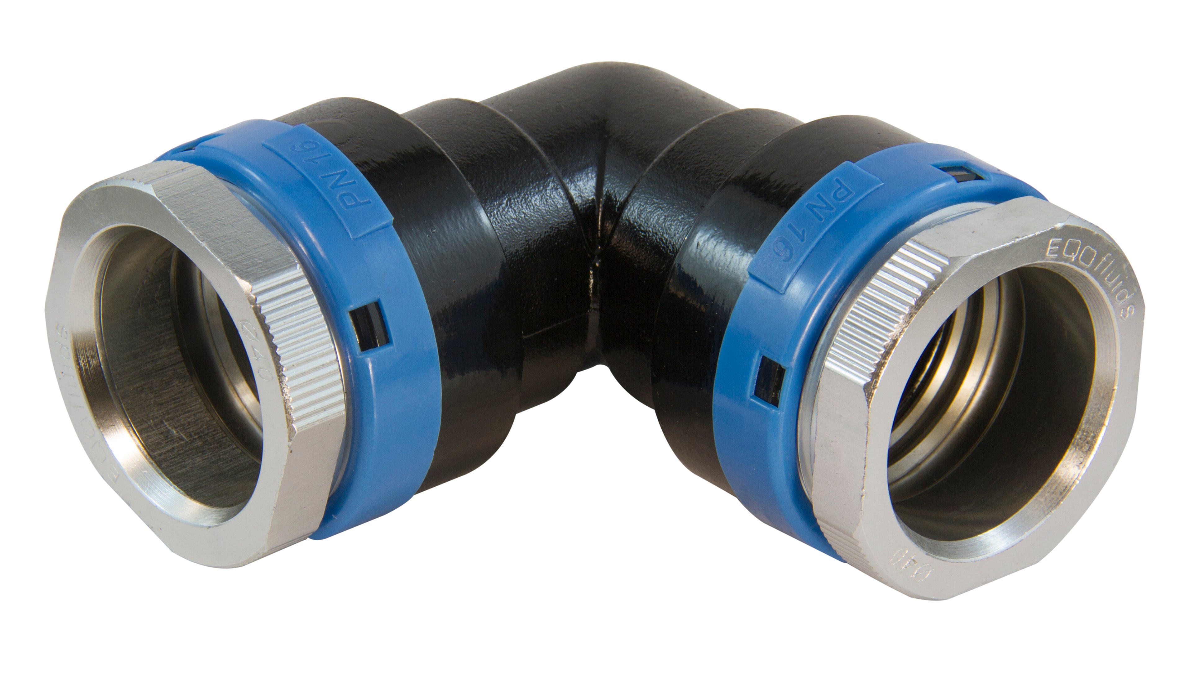 Black and silver elbow fitting with blue bands on a white background