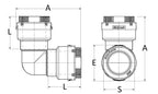 Technical drawing of a plumbing component with dimensions labeled