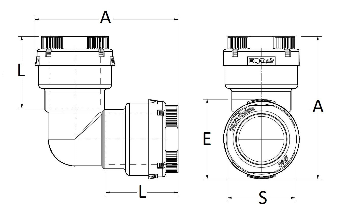 Technical drawing of a plumbing component with dimensions labeled