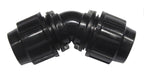 Black plastic elbow fitting on a white background