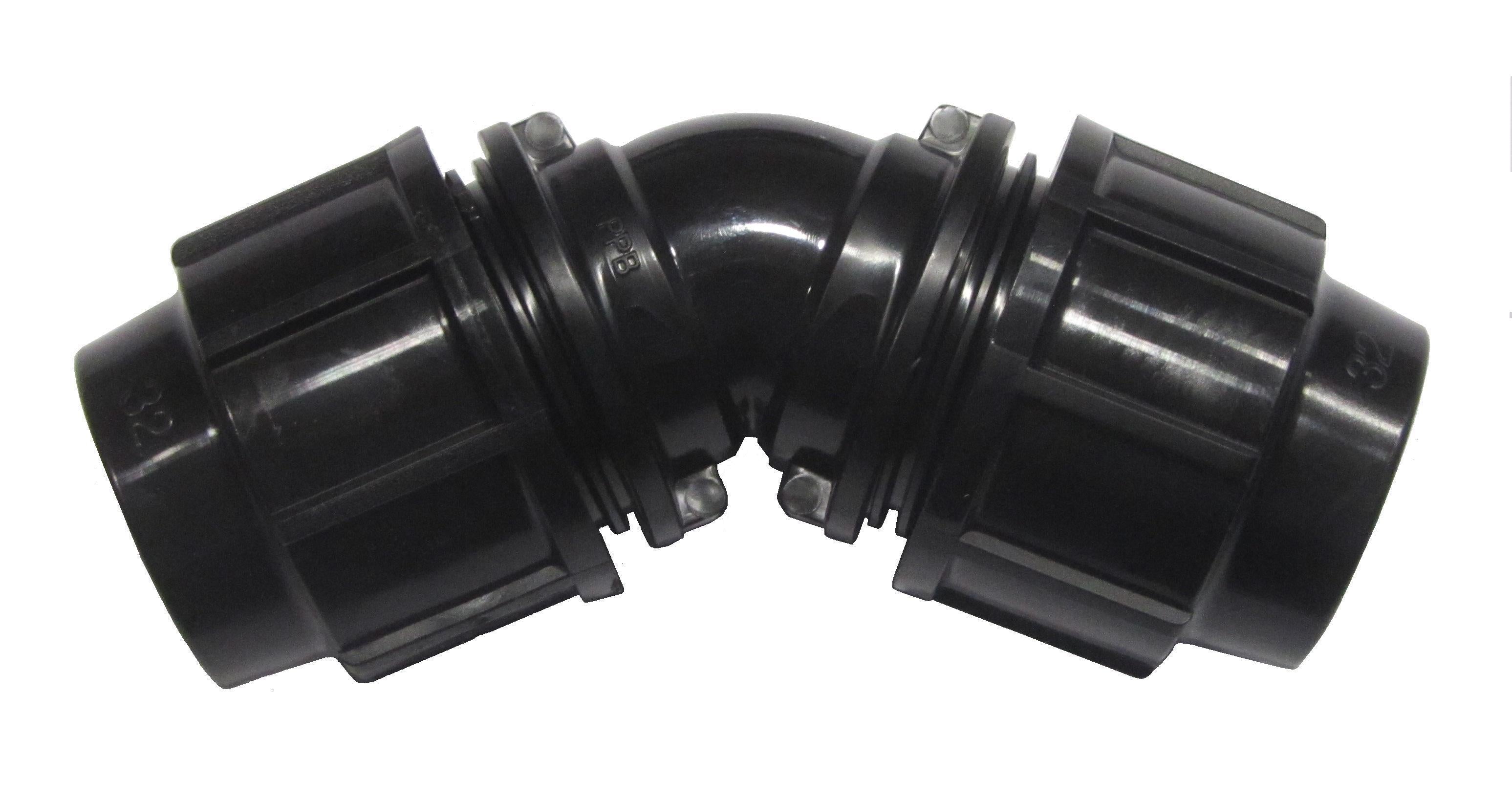 Black plastic elbow fitting on a white background