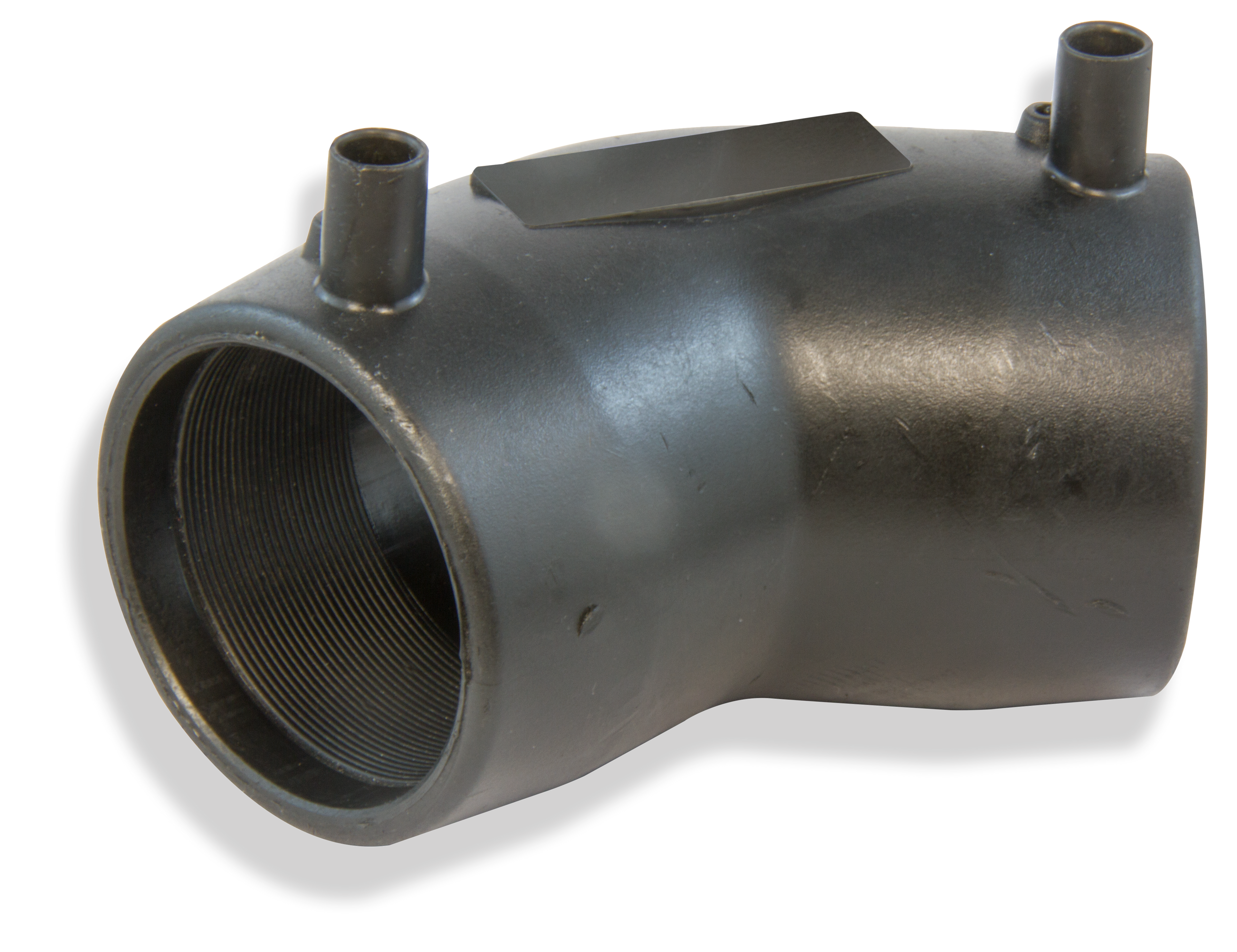 Black metal elbow pipe fitting on a white background