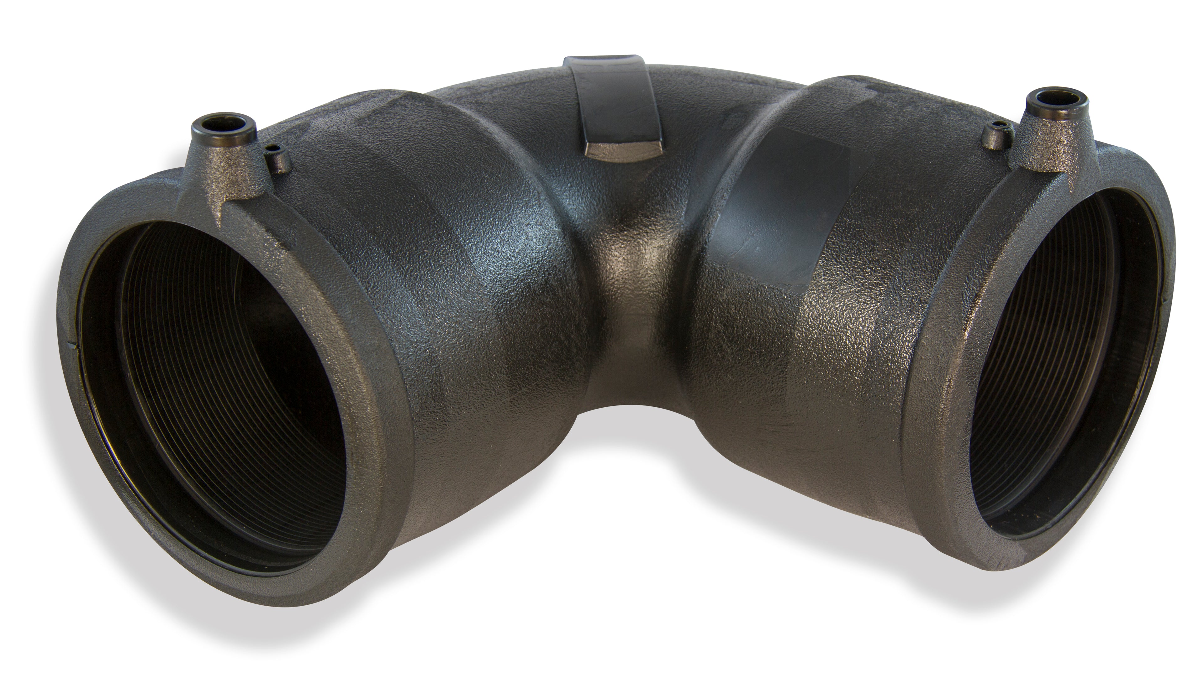 Black metal pipe fitting on a white background