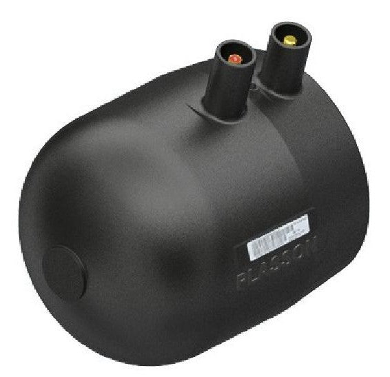 Black cylindrical tank with two nozzles on a white background
