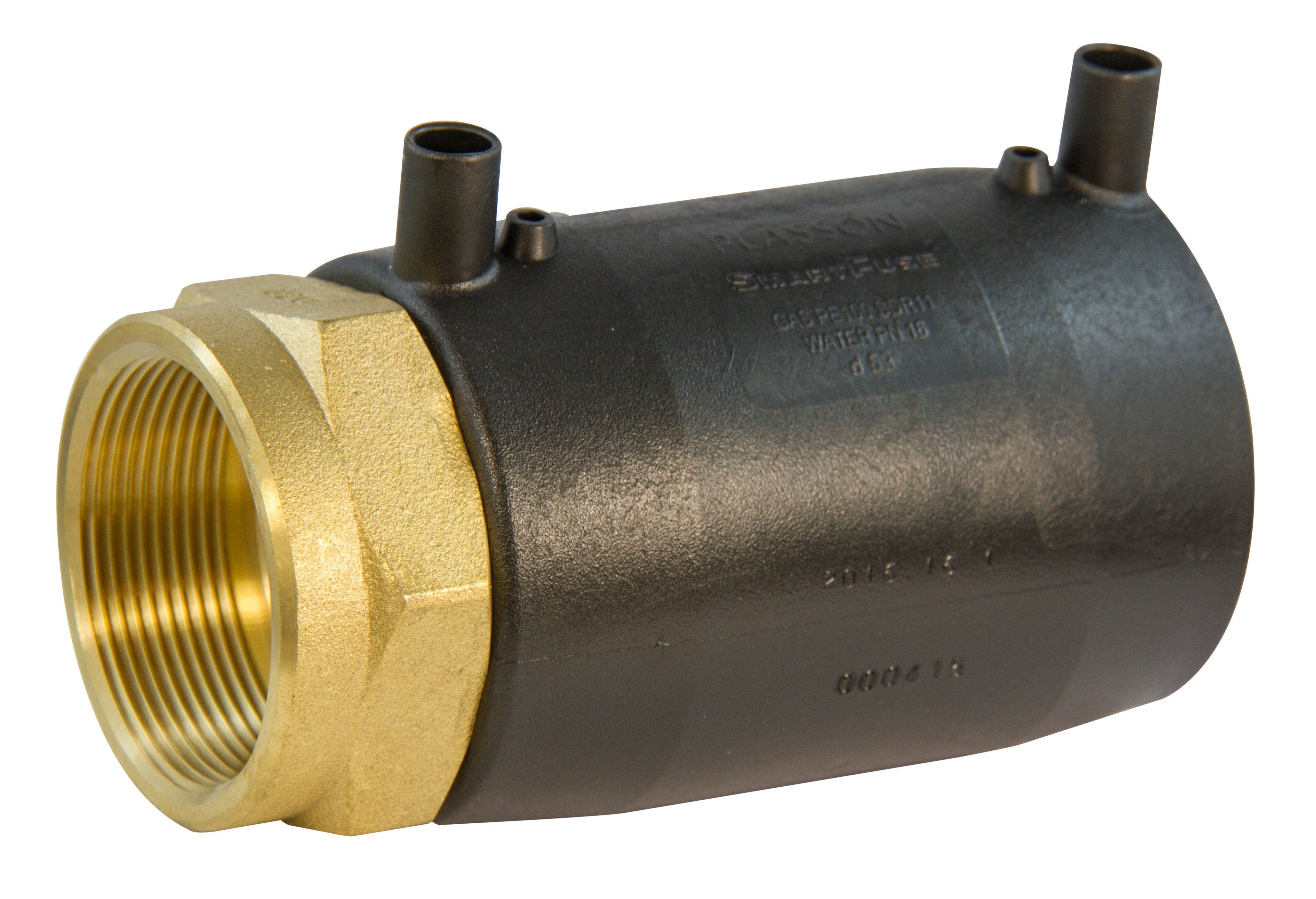 Cylindrical metal component with brass threaded end on a white background