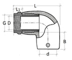 Technical drawing of a pipe fitting with dimensions labeled