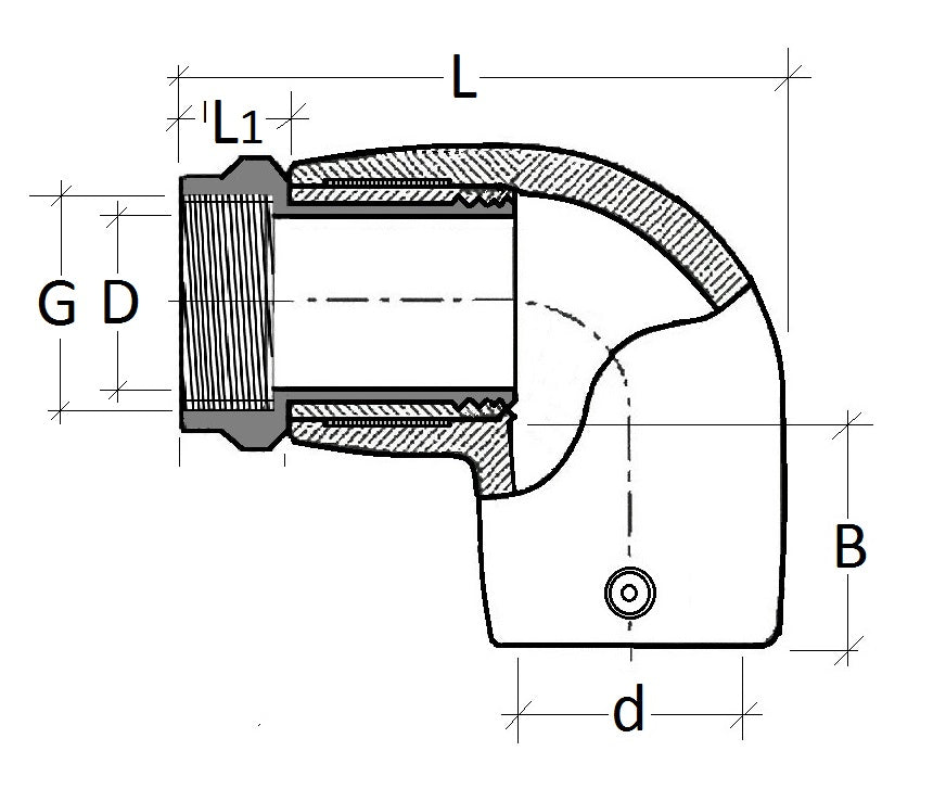 Technical drawing of a pipe fitting with dimensions labeled