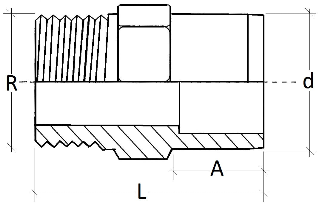 Technical drawing of a threaded cylindrical component with dimensions labeled
