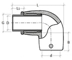 Technical drawing of a pipe fitting with dimensions labeled