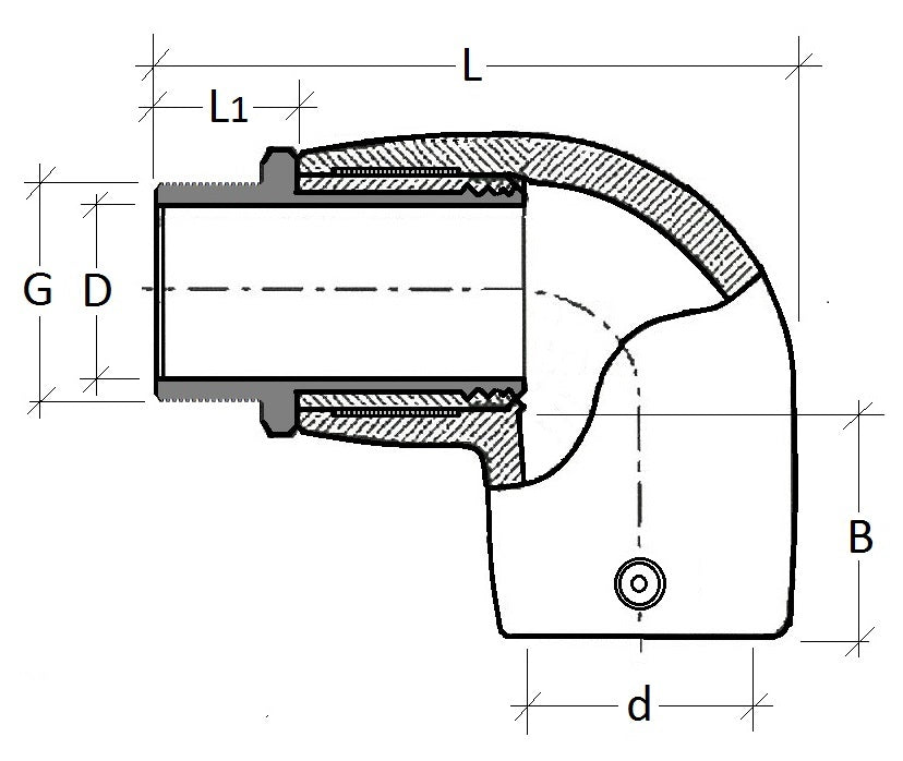 Technical drawing of a pipe fitting with dimensions labeled