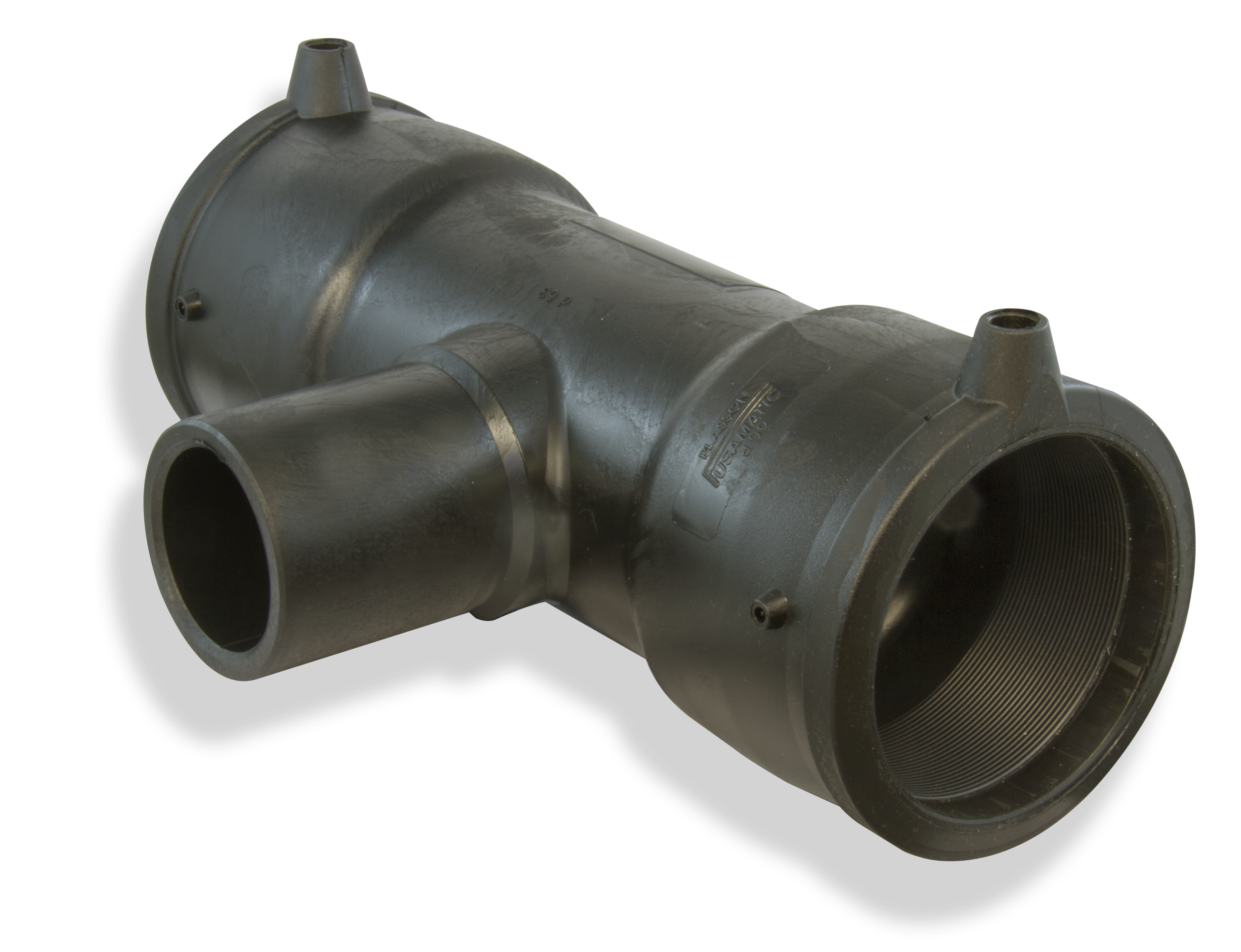 Black plastic pipe fitting on a white background