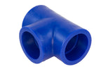 Blue plastic pipe fitting on a white background