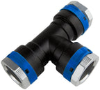 Black and blue plastic fitting on a white background
