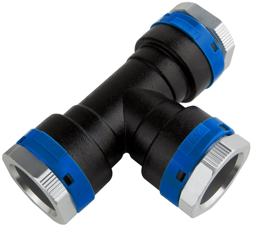 Black and blue plastic fitting on a white background