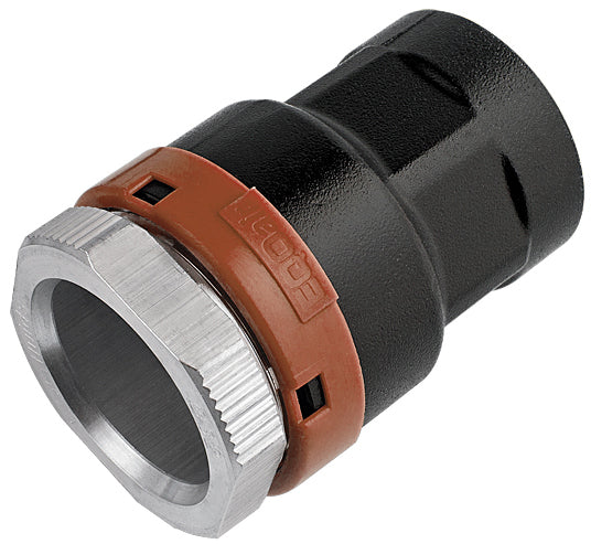 Plumbing fitting with black, brown, and silver colors on a white background