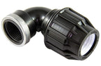 Black plastic fitting with threaded end on a white background
