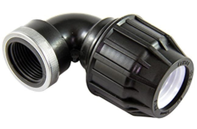 Black plastic fitting with threaded end on a white background