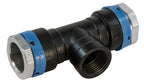 Black and blue plastic pipe fitting on a white background