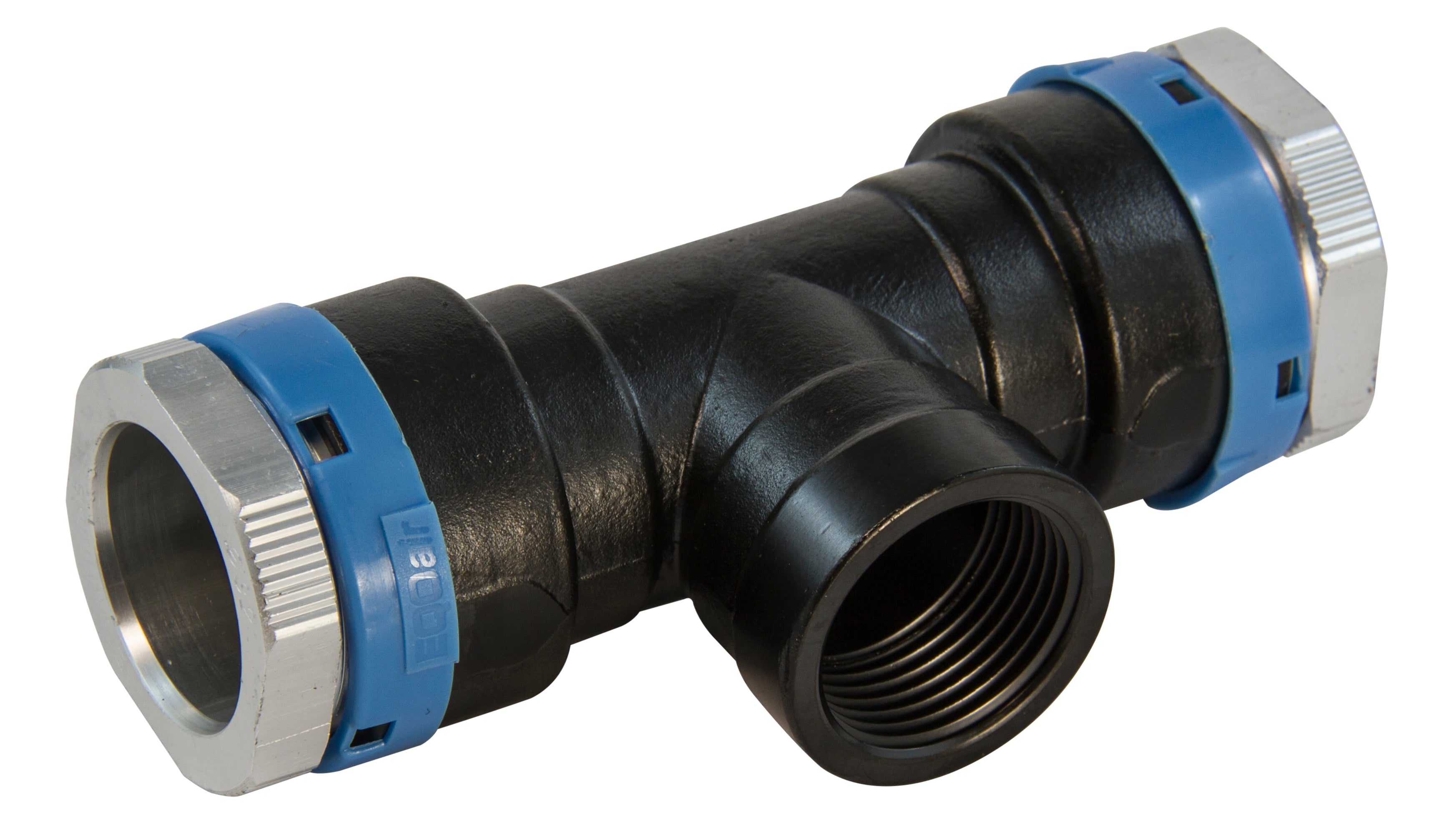 Black and blue plastic pipe fitting on a white background