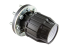 Mechanical component with black cylindrical part and metallic parts on a white background