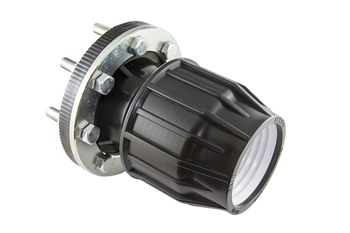Mechanical component with black cylindrical part and metallic parts on a white background
