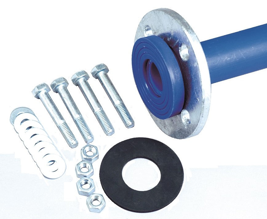 Mechanical components including a blue shaft, metal flange, bolts, washers, and a washer on a white background.