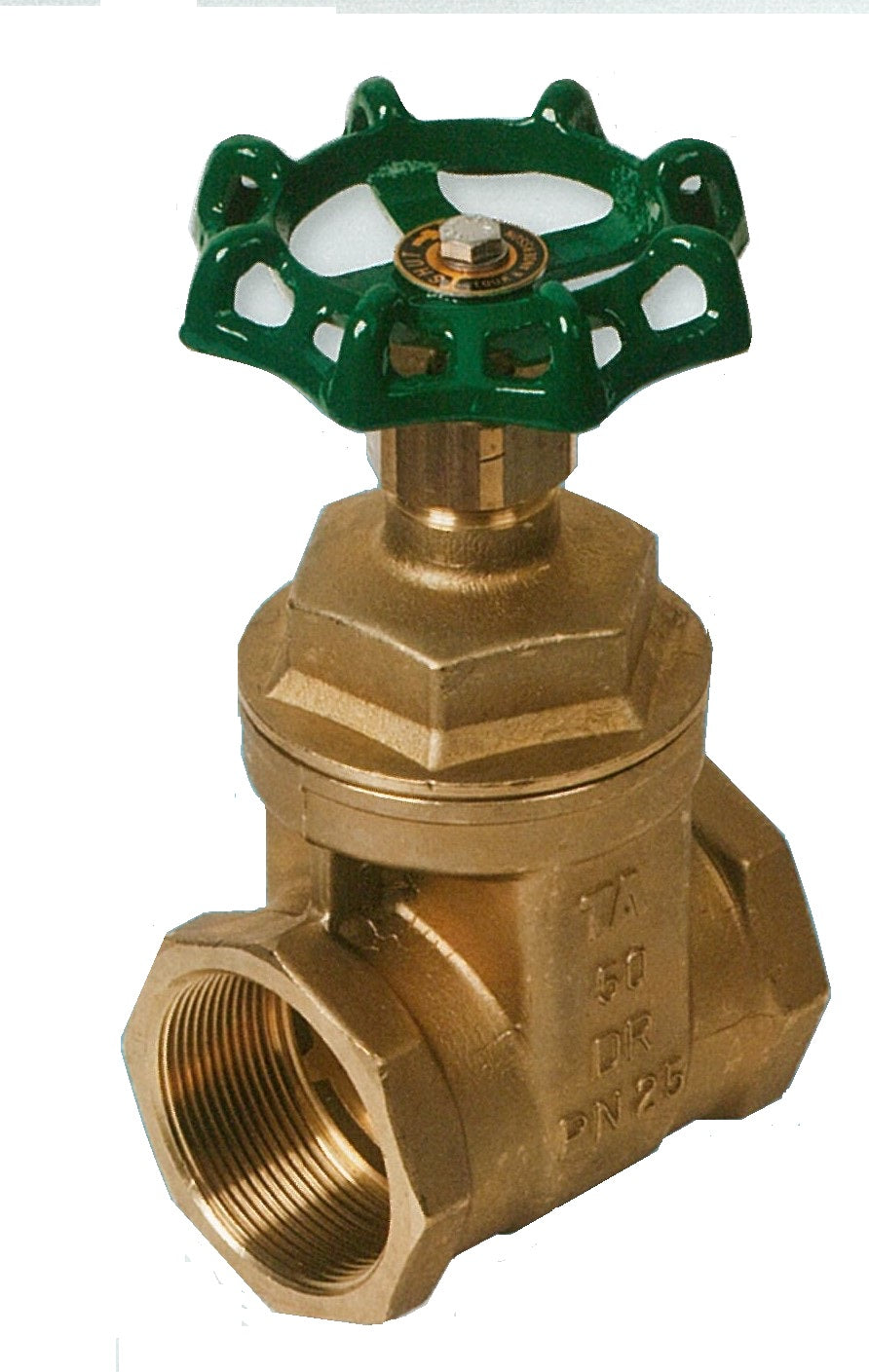 Brass valve with green handle on a white background