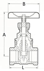 Technical drawing of a valve with labeled dimensions on a white background