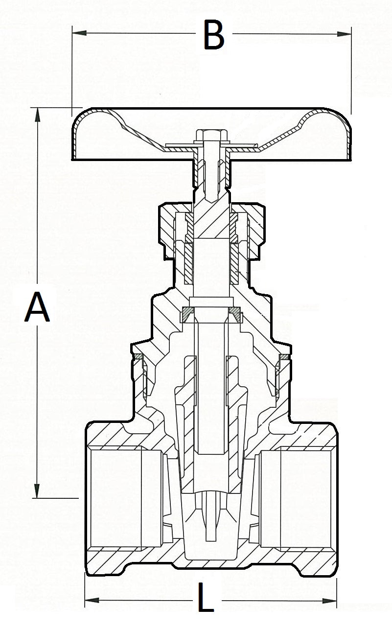Technical drawing of a valve with labeled dimensions on a white background