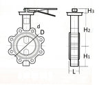 Technical drawing of a butterfly valve with dimensions labeled