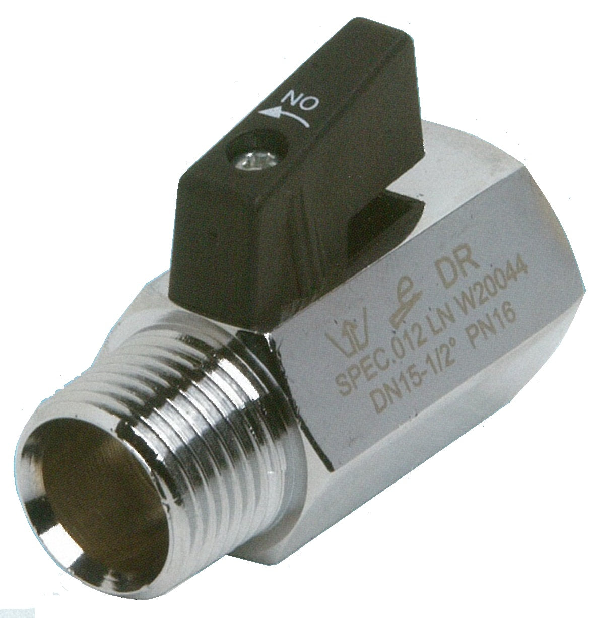 Metal valve with black handle on a white background