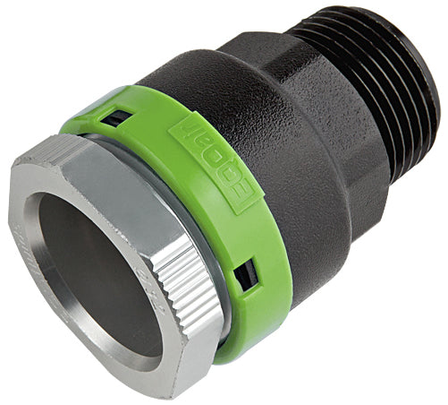Plumbing fitting with green and black colors on a white background