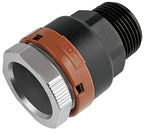 Plumbing fitting with brown and black design on a white background