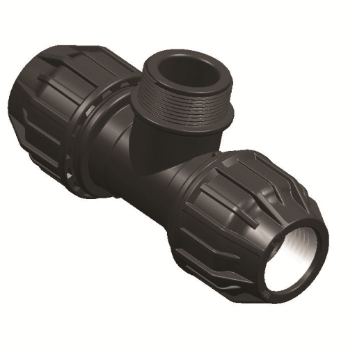 Black plastic plumbing fitting on a white background