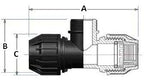 Technical drawing of a black plumbing fitting with labeled dimensions.